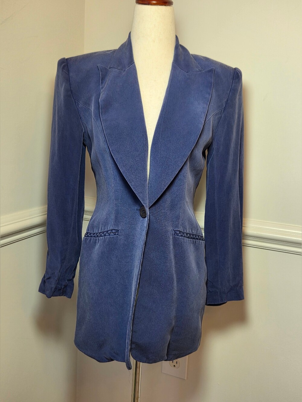 Vintage Hugo Buscati 100% Silk Blazer Womens 2 Blue 90s Power Dressing